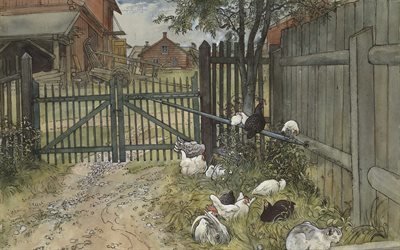 Карл Ларссон, Carl Larsson, шведский художник, Ворота, The Gate, акварель