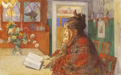 Карл Ларссон, Carl Larsson, шведский художник, Карин за чтением, Karin Reading, 1904