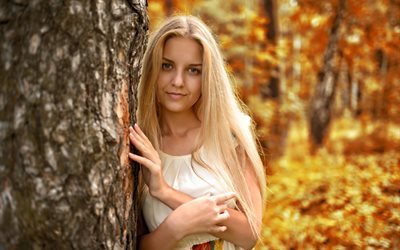 девушка, блондинка, платье, природа, осень, дерево, ствол