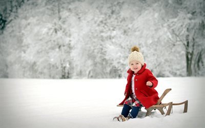 дети, ребёнок, девочка, пальто, шапочка, зима, снег, санки, природа, деревья