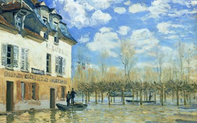 Альфред Сислей, Alfred Sisley, французский художник, Лодка во время наводнения в Порт-Марли, The Barque During the Flood, Port Marly, 1876, музей д Орсэ, Париж