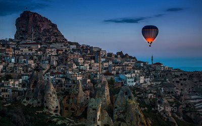 спорт, шар, воздушный шар, небо, горы, посёлок, дома, Турция, Каппадокия, Cappadocia, вечер
