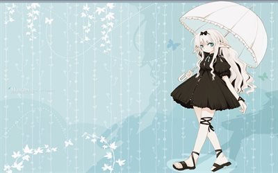 зонт, девушка, аниме, идёт, шаг
