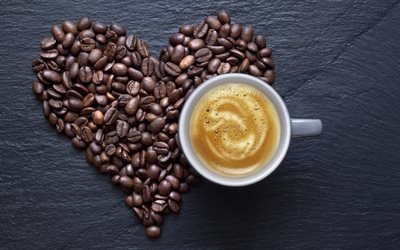 сердце из кофе, зерна кофе, чашка, серце з кави, зерна кави, кава
