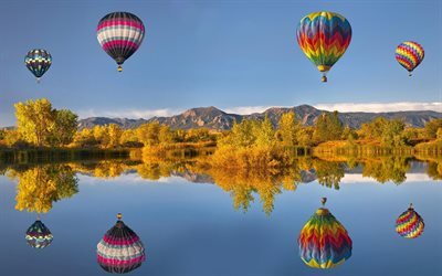 спорт, воздушные шары, шары, природа, осень, деревья, растительность, отражение, вода, водоём, небо, горы
