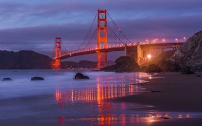 Ночь, Огни, Пляж Маршалла, Залив, Мост Золотые Ворота, Сан-Франциско, Калифорния
