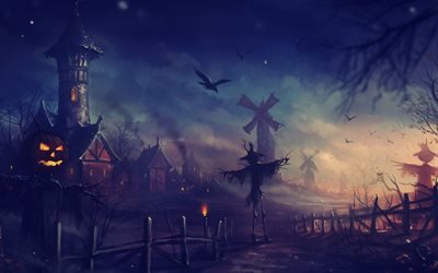 Хеллоуин, арт, посёлок, ночь, башня, вороны