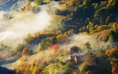 холмы, лес, деревья, туман, дорога, дома, by Stefan Chirobocea