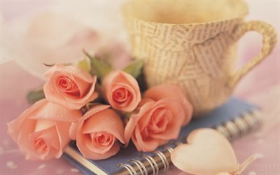 романтика, розы, чашка чая, розовые розы