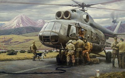 Картина, вертолёт, люди, 1986 год, холст, масло, художник АСытов