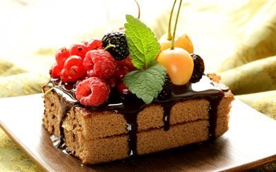пирожное, шоколад, глазурь, ягоды, черешня, малина, смородина, ежевика, мята, сладкое, десерт