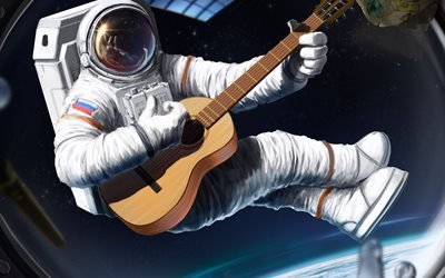 арт, космос, корабль, космонавт, невесомость, гитара, иллюминатор, скафандр