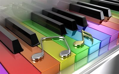 пианино, клавиши, цветные, ноты, рендеринг, визуализация, 3d