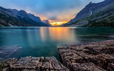 рассвет, красивое озеро, скалы, горы, Saint Mary Lake, Glacier National Park, Montana, США, Монтана