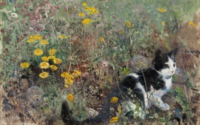 Бруно Лильефорс, Bruno Liljefors, шведский живописец-анималист, Cat in Field of Flowers, Кот в поле цветов