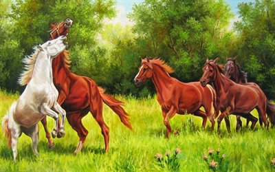 табун, лошади, картина, нарисованные лошади, коні, намальовані коні