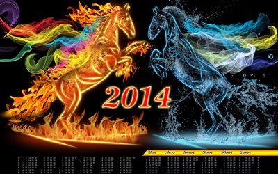 3d, графика, лошади, кони, 2014, цифры, новый год, календарь на 2014 год