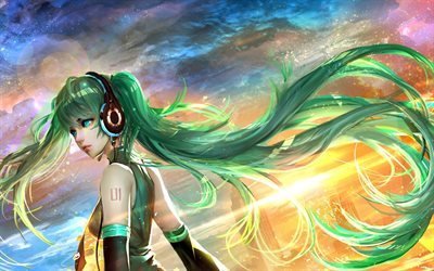 Мику Хатсуне, Вокалоид, зеленые волосы, наушники, Miku Hatsune, Vocaloid