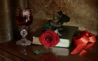 стиль, книга, цветок, роза, лента, бокал, вино