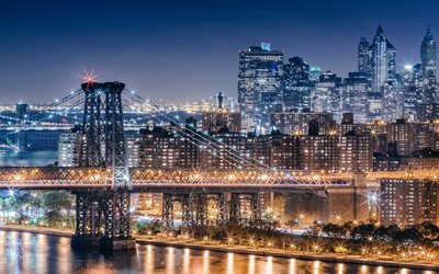 Ночь, Огни, Вильямсбургский мост, Нью-Йорк
