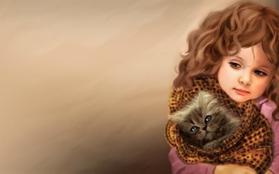 девочка с котом, нарисованная девочка, ребёнок, дівчинка з котом, намальована дівчинка, дитина