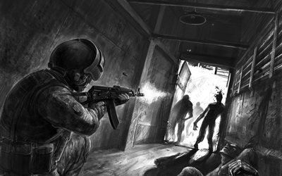 corridor, коридор, по борьбе, to fight, zombie, зомби, калашникова, kalashnikov, helmet, шлем, департамент, department