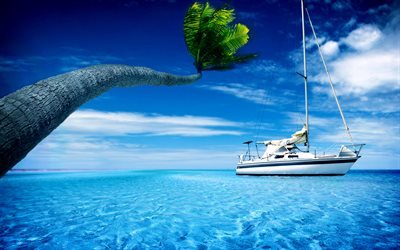 белая яхта, океан, голубая вода, Пальмы, Мальдивы