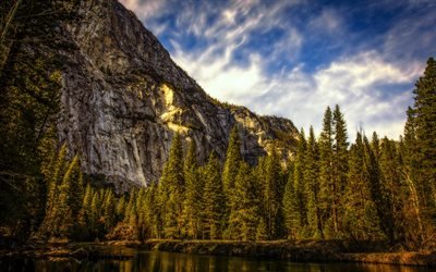 горы, скалы, река, лес, США, лето, вечер, Yosemite, National Park, United States
