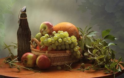 натюрморт, столик, корзинка, фрукты, ягоды, дыня, яблоки, виноград, листья, плющ, бутылка