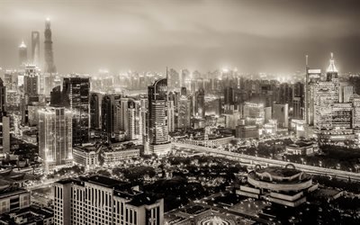 Шанхай, Китай, небоскрёбы, ночь, Хуанпу, Huangpu, Shanghai, China