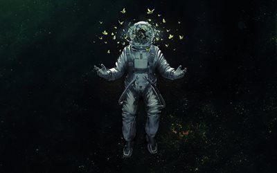 Космонавт, скафандр, бабочки, звёзды, космос, арт