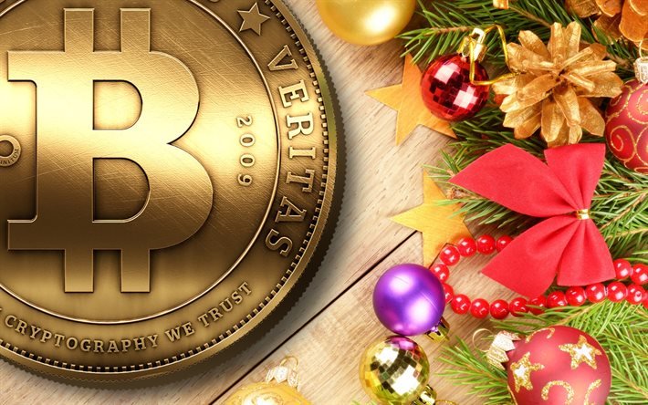 Bitcoin, монета, Новый Год, новогодний фон