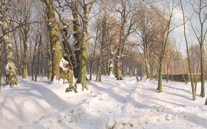 Петер Мерк Менстед, Peder Mork Monsted, датский художник, 1908, Солнечный свет на заснеженной лесной дороге, Verschneiter Waldweg bei Sonnenlicht