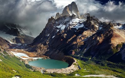 озеро, горы, Анды, Патагония, лес, скалы, тучи, Аргентина, Patagonia