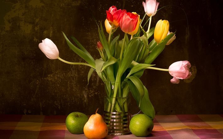 натюрморт, скатерть, ваза, цветы, тюльпаны, фрукты, груша, яблоки