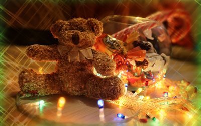 ваза, сладости, гирлянда, игрушка, конфеты, лампочки, мишка, праздник, новый год, Рождество