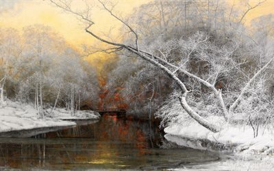 картина, Арвид Мауритц Линдстрём “Вечер - закат в цветах зимнего пейзажа” ARVID MAURITZ LINDSTROM, деревья, река