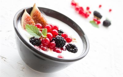 йогурт, ягоды, рис, фрукты, завтрак, здоровый, десерт, низкокалорийный, фруктовый, витамины