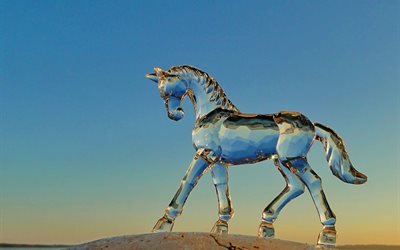 зима, небо, лёд, фигура, конь, лошадь, стекло