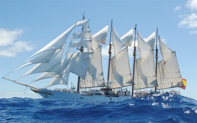 Juan Sebastian Elcano, корабль, бригантина, море, вода, паруса