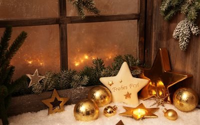 праздник, новый год, рождество, игрушки, украшения, звёзды, шары, ель, ветка, окно