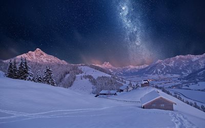 зима, деревня, горы, Швейцария, Milky Way, Млечный Путь, звёздное небо