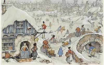 Антон Пик, Anton Pieck, голландский живописец и график, 1958, Зимние развлечения на льду, Winter fun on the ice