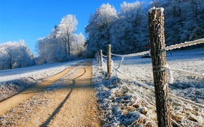 деревья, дорога, зима, небо, снег, широкоформатные