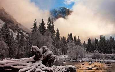 природа, зима, горы, деревья, ели, снег, иней, туман, небо, облака, 4к