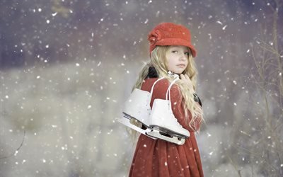 Зима, Снег, Девочка с коньками