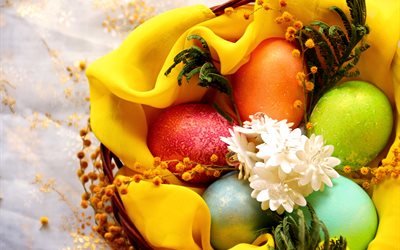 праздник, пасха, корзинка, яйца, крашенки, ткань, цветы, ветки, мимоза