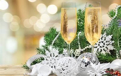 Рождество, новый год, праздник, декорация, ветки, ель, ёлка, игрушки, украшения, снежинки, бусы, бокалы, шампанское, боке