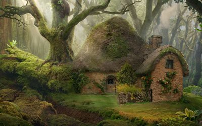 Арт, Фэнтези, Каменный домик в сказочном лесу