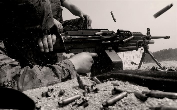 ручной пулемёт, M249 SAW, стрельба, гильзы, FN Minimi